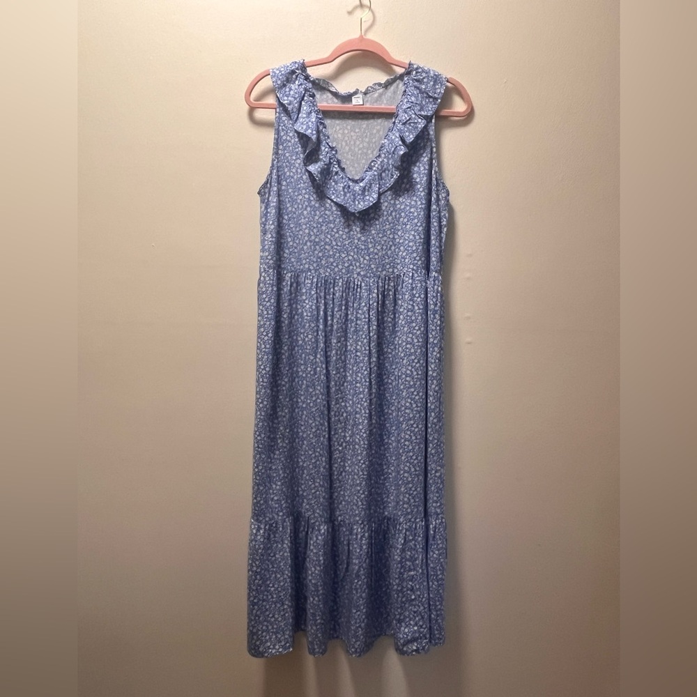 Old Navy Boho Prairie Maxi Summer Dress, W, Sz Medium, Blue with White Flowers